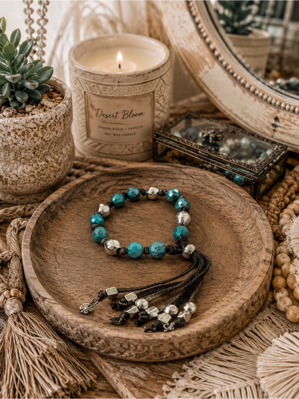 Lucky Brand Faux Turquoise Aged Silver Tone Bead Bracelet on Leather Adjustable